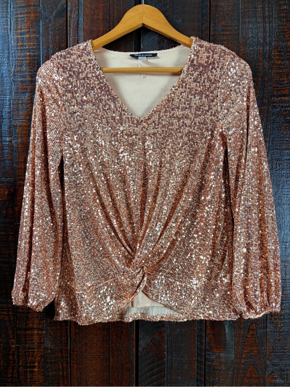Cable & Gauge Sequin Twist Front V-Neck Top - Rose Gold Elegant Party XS - Picture 2 of 7